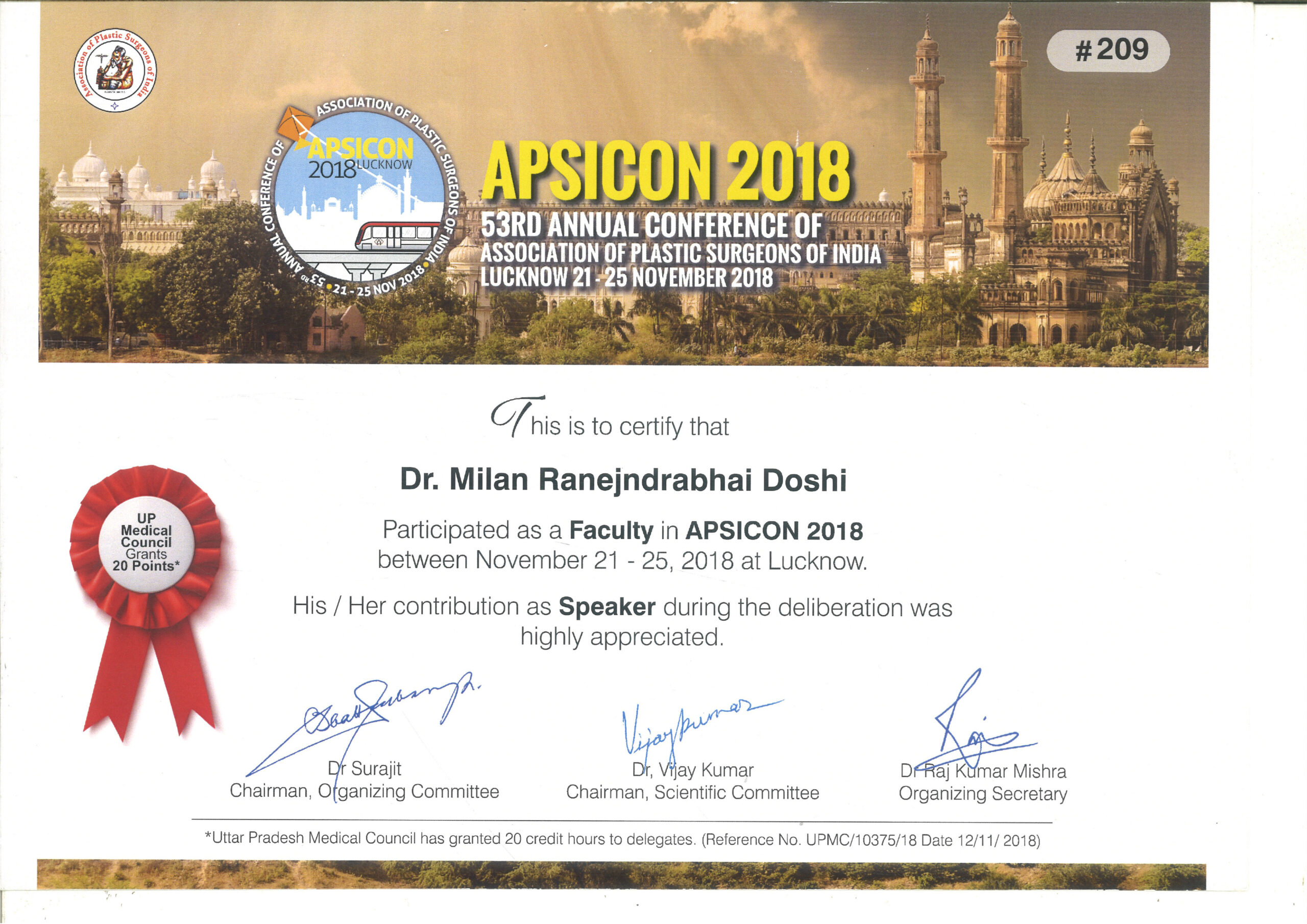 53rd Annual Conference of the Association of Plastic Surgeons of India, Lucknow on 21st to 25th November, 2018